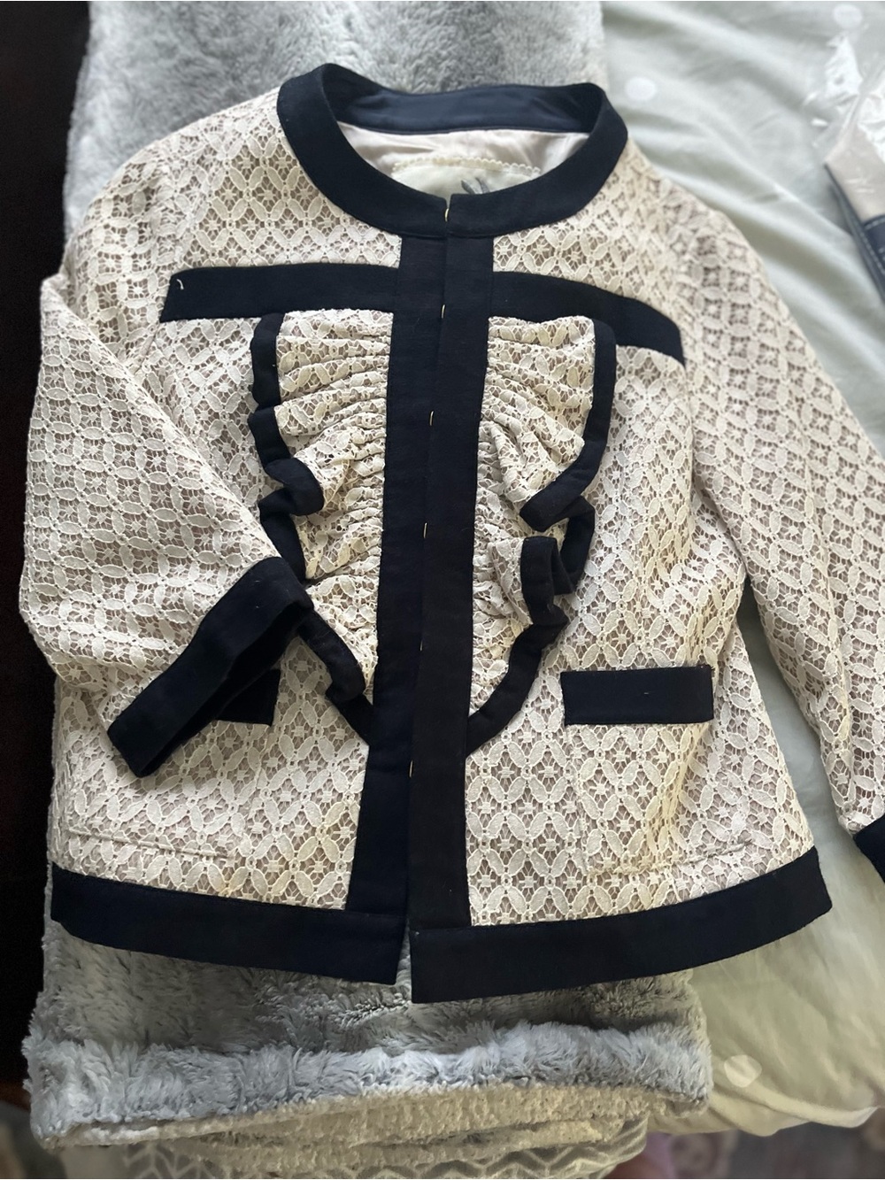 Tabitha Cream Lace Blazer with Black Trim and Ruffle Detail